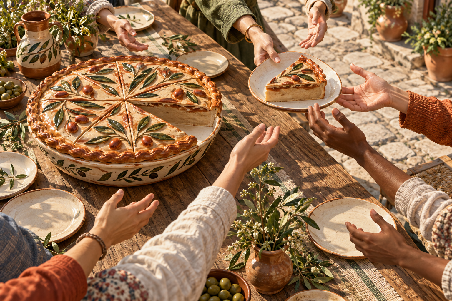 A pie on a communal table with one slice being passed to many outstretched hands in a sunny square.