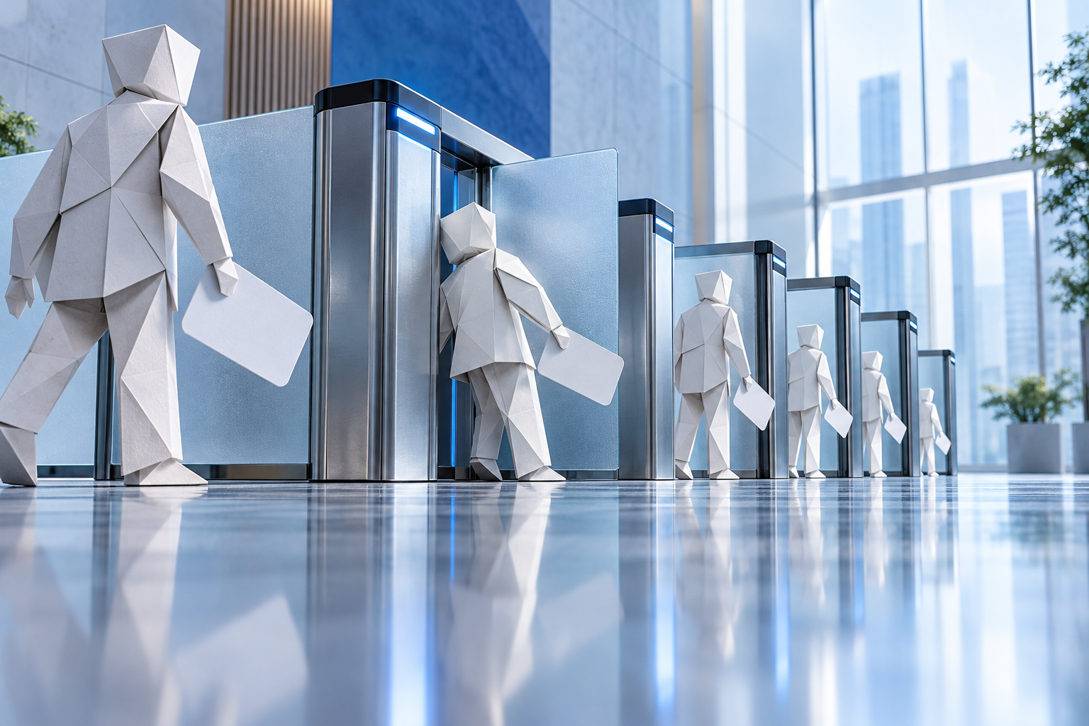 Paper figures carrying keycards pass through a row of glass turnstiles that get narrower, with one figure stopped by a half-closed gate.