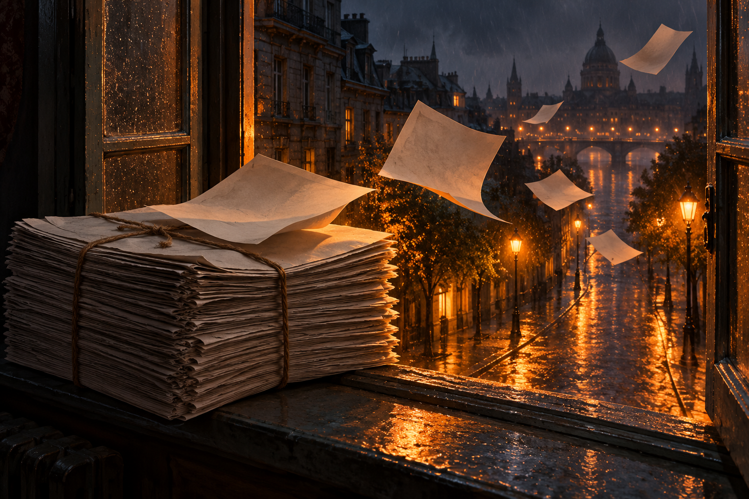 Loose pages blow from a stack of blank newspaper bundles out an open window into a rainy, lamplit street at night.