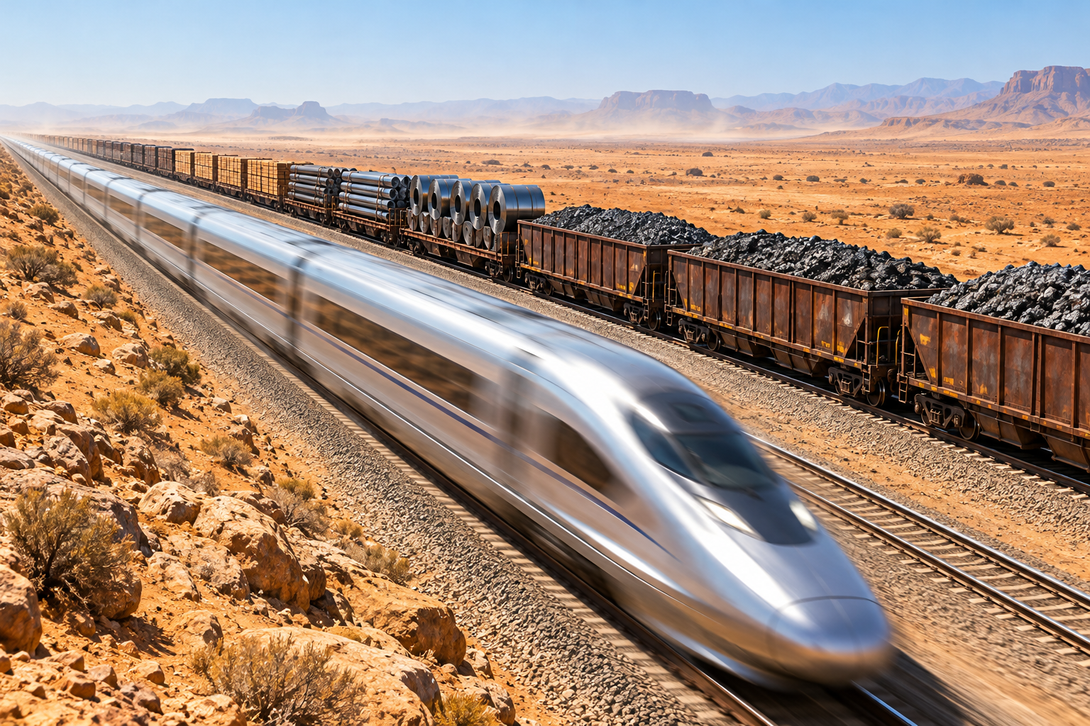A silver high-speed train races past a slow freight train across a sunlit desert.
