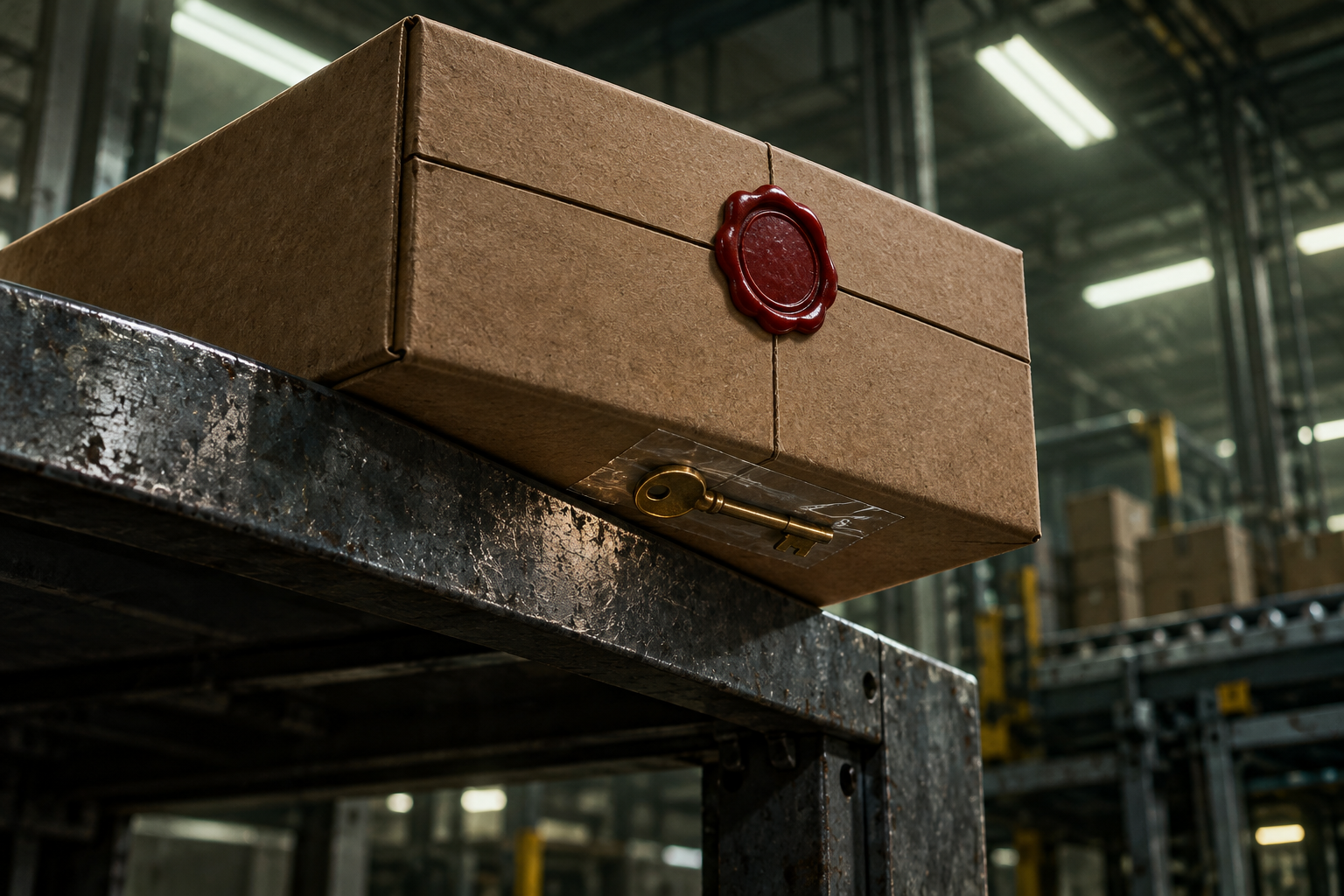 A wax-sealed parcel on a factory loading bench, with a counterfeit key taped underneath it.