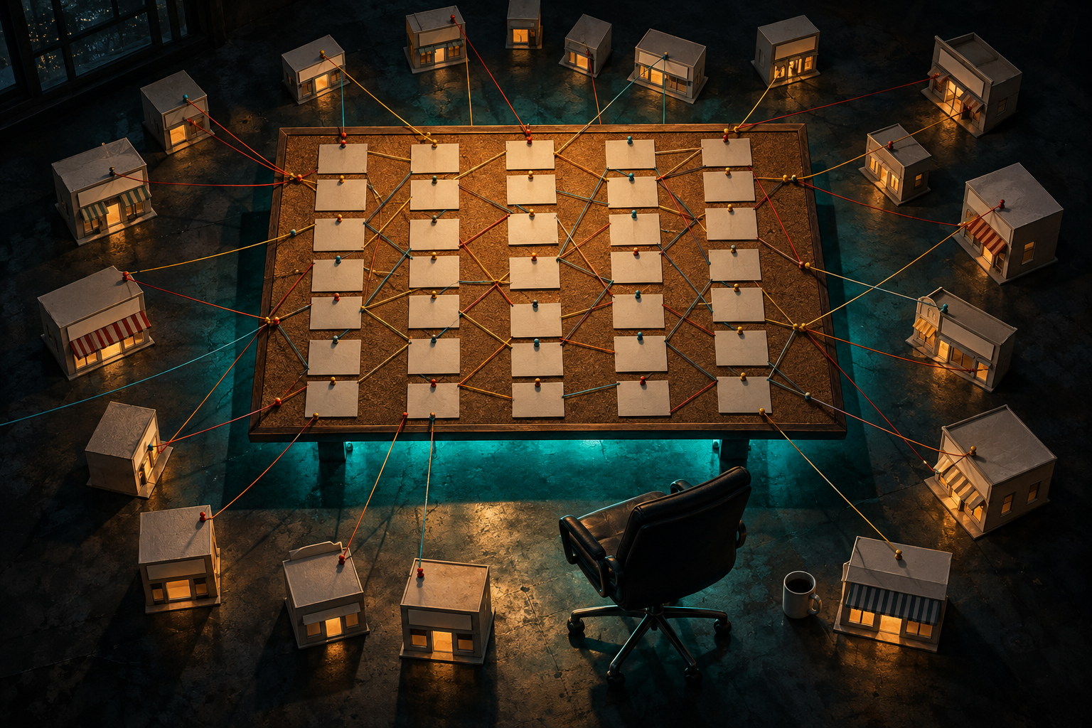 An overhead view of a dark room where threads from a pinboard of blank index cards run out to dozens of small paper storefronts beside an empty chair.