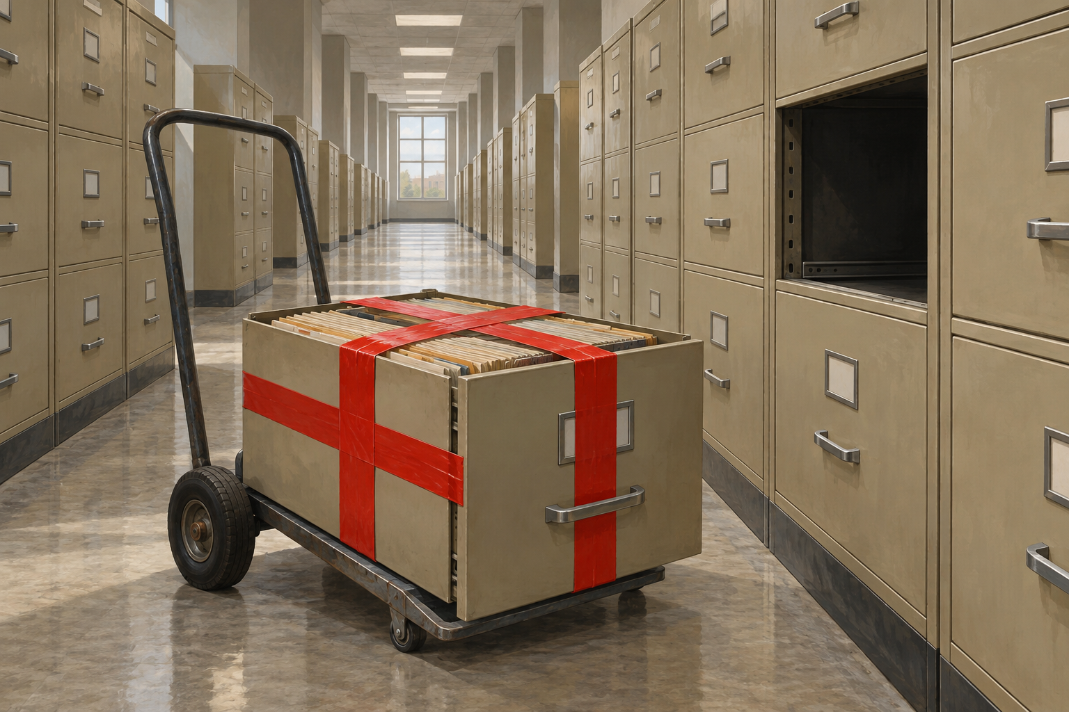 A government corridor of beige filing cabinets, with one drawer removed, bound in red tape and set on a hand truck.