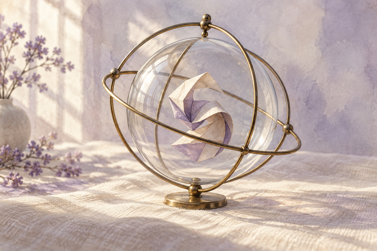 A curled origami figure floats inside a glass sphere ringed by three tilted brass gyroscope rings in soft lavender light.