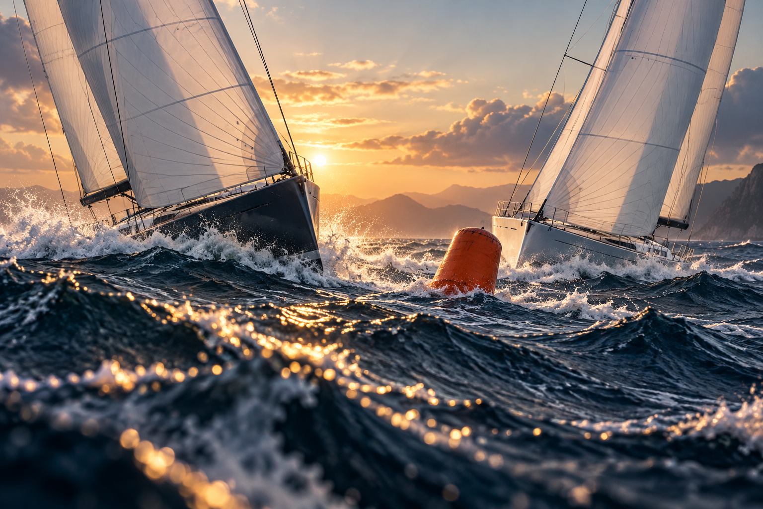 Two unmarked racing sailboats race toward the same buoy on choppy water at dawn.