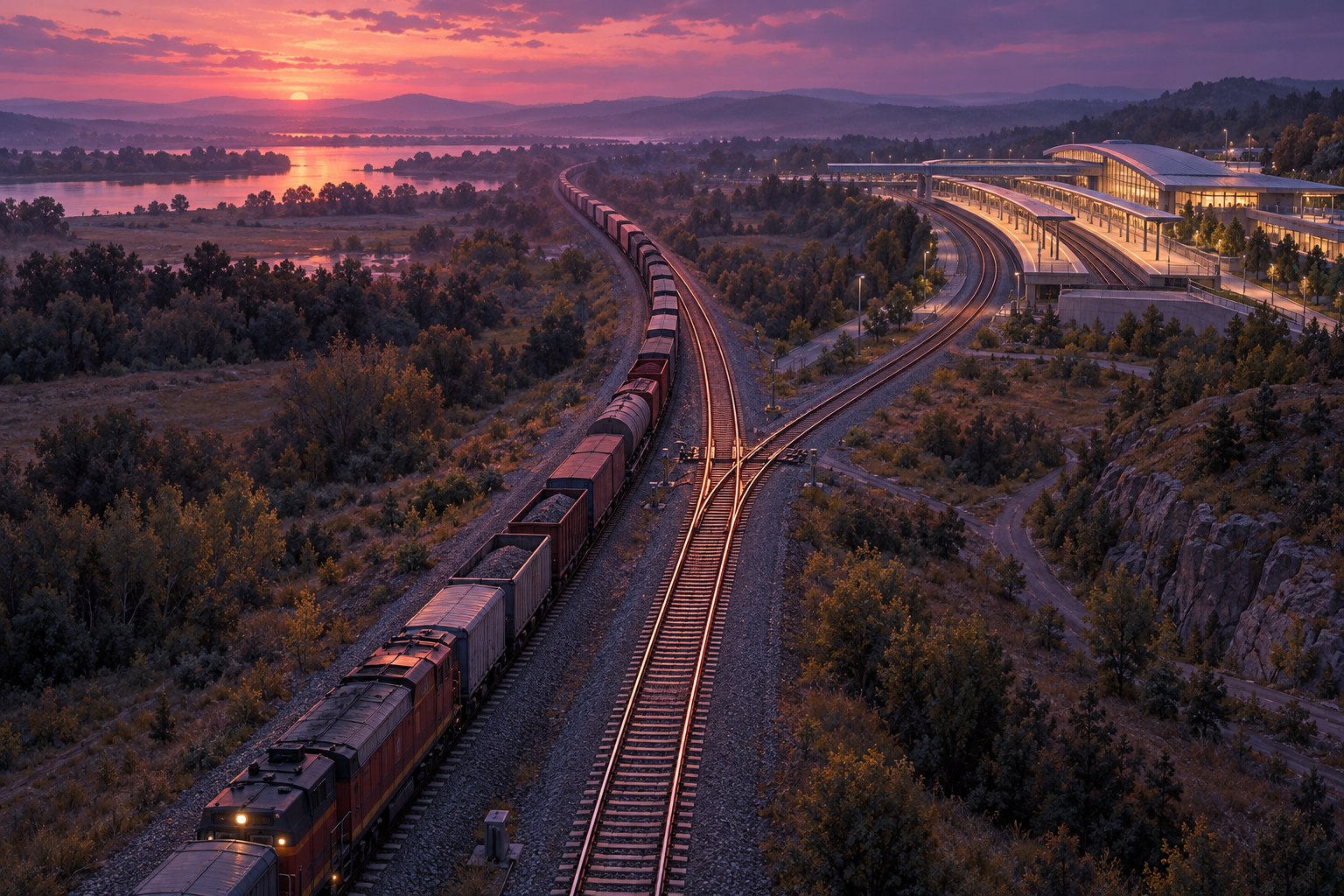 An aerial dusk view of a freight train approaching a railway switch where the track splits in two.