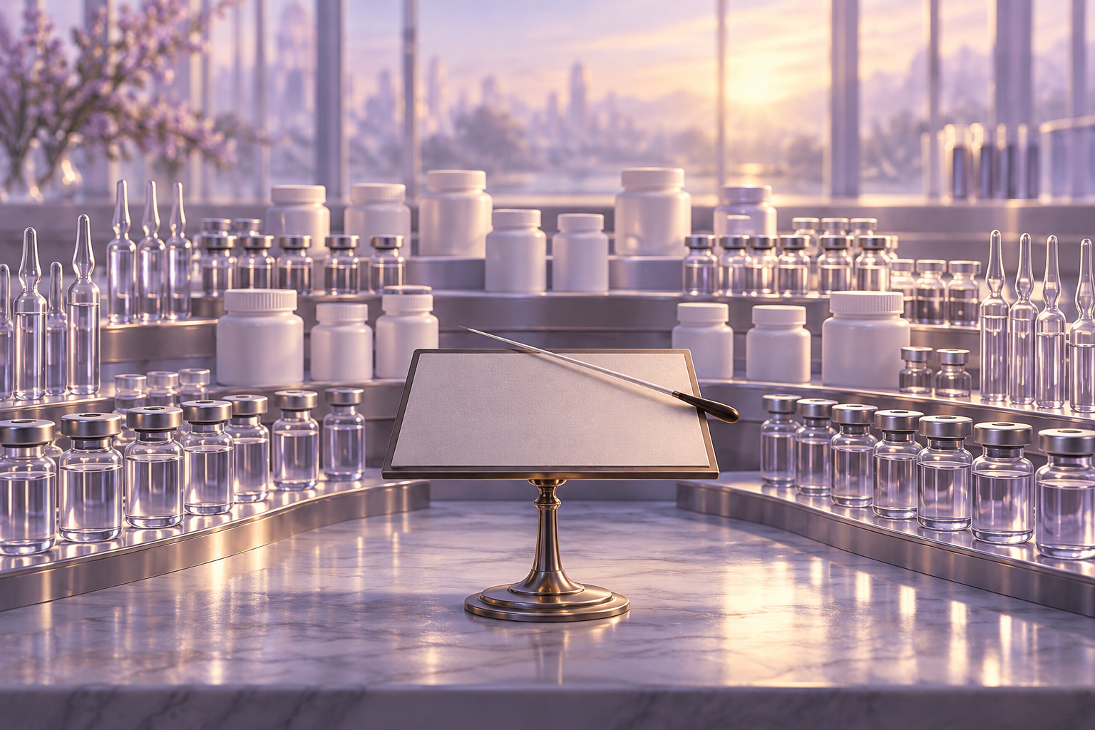 Glass vials and pill bottles arranged like orchestra seating on a lab bench, facing a conductor's baton on a music stand.