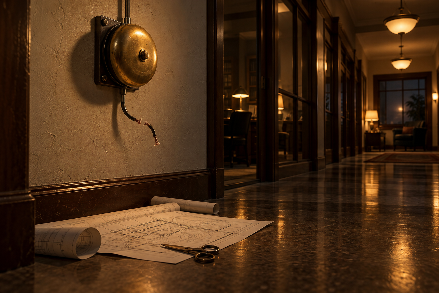 A wall-mounted alarm bell with a cut wire above scissors and unrolled blueprints in a dim amber corridor.