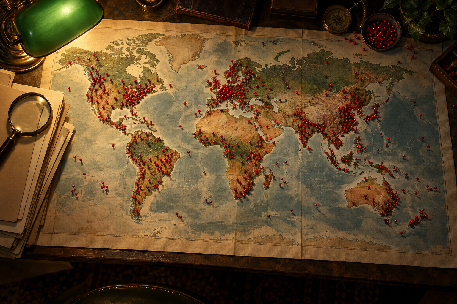 An overhead view of a world map covered in red pushpins on an investigator's table under a green desk lamp.