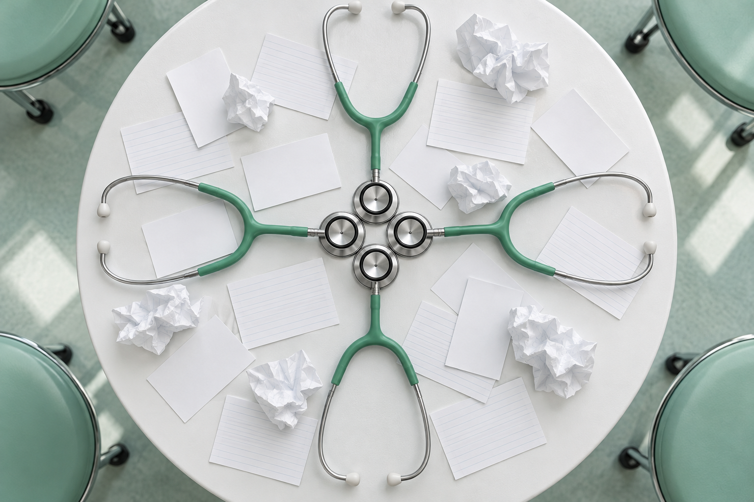 Four stethoscopes arranged in a circle on a white table around scattered blank and crumpled index cards.