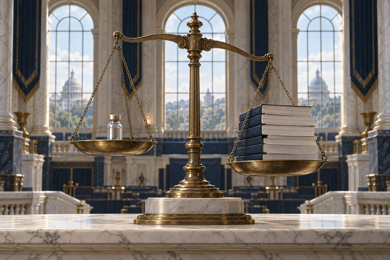 A brass balance scale holding a glass vial and a stack of blank papers in a marble legislative chamber.