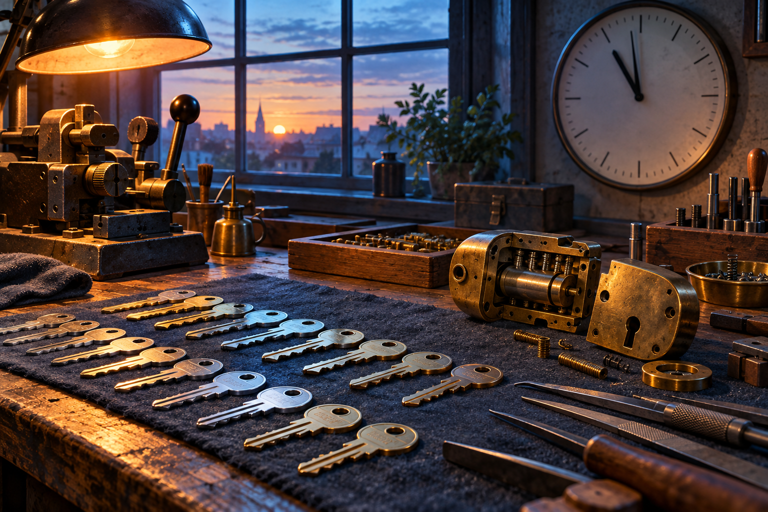 A locksmith's bench at dawn with new keys, an opened lock and a wall clock close to the hour.