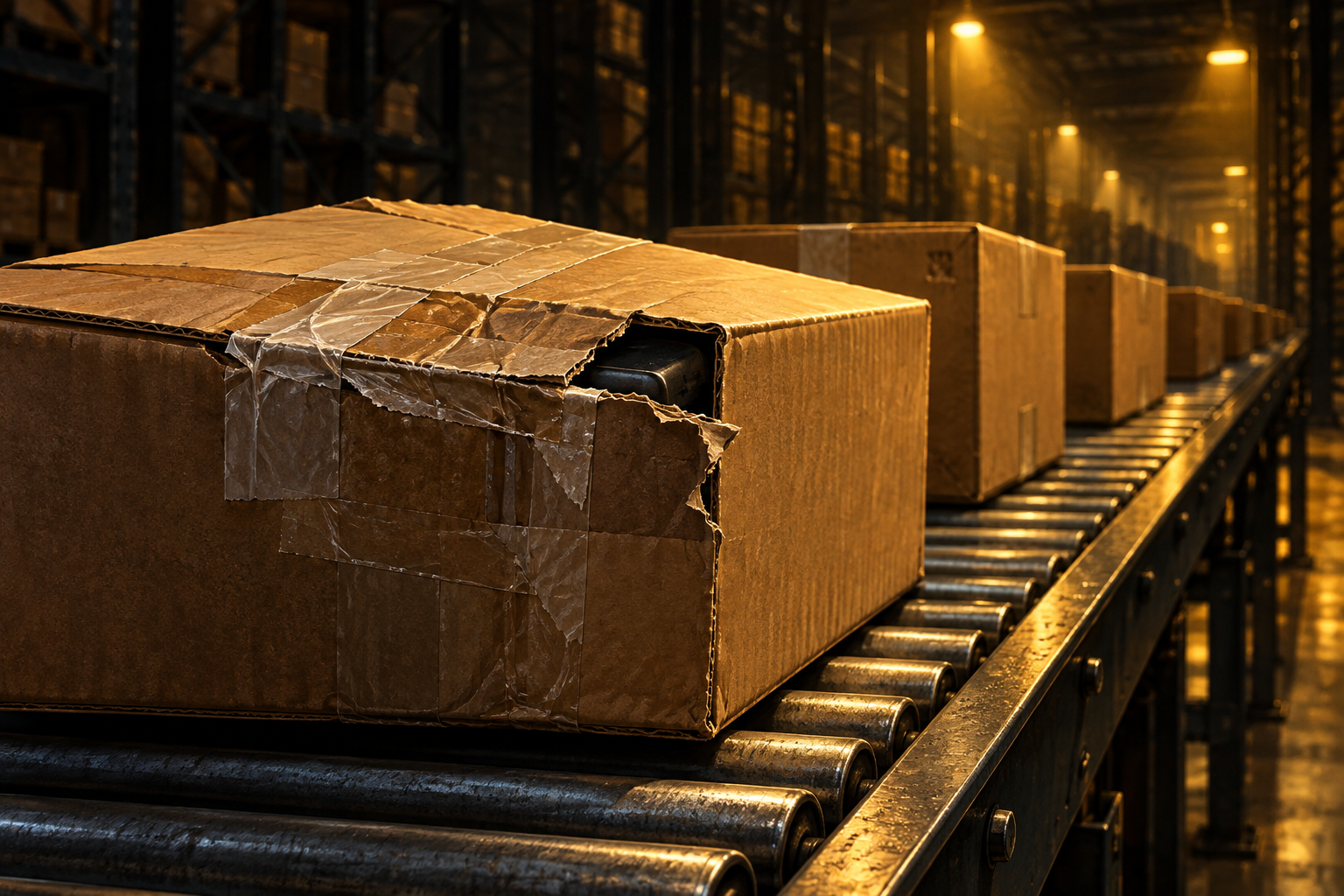 A parcel with a torn and resealed seal sits among intact boxes on a warehouse conveyor under yellow light.