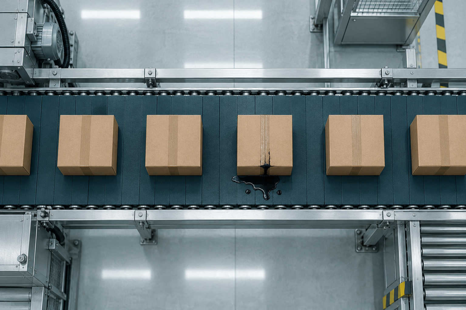 An overhead view of parcels on a factory conveyor belt, with one parcel leaking dark ink.