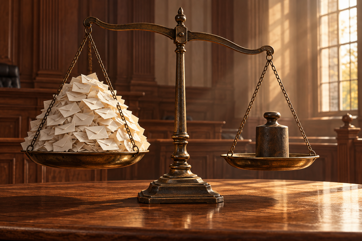 A courtroom balance scale weighing a heap of small envelopes against a single iron weight in warm sunlight.