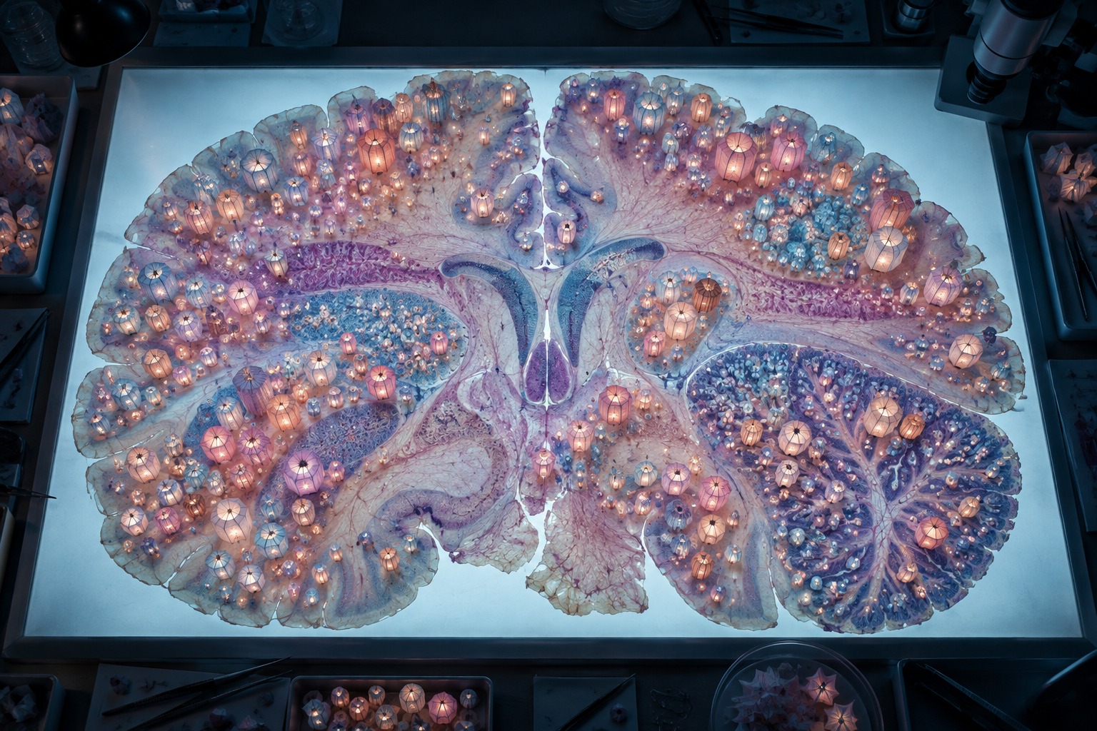 Hundreds of tiny paper lanterns spread across a large translucent slice of brain tissue on a glowing light table.