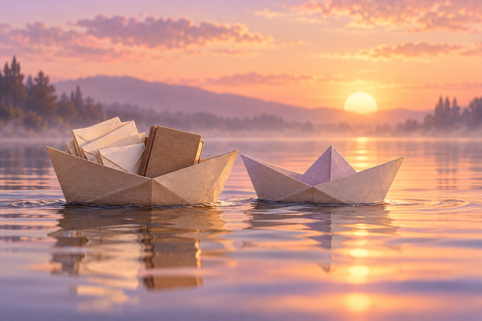 Two paper boats sail side by side across a pond at sunrise, one carrying small letters and a ledger.