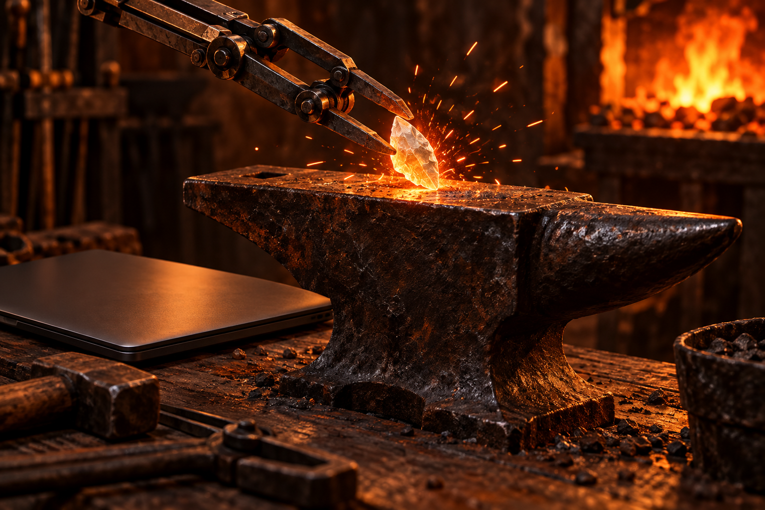 Mechanical tongs forge a small glowing stone on an anvil next to a closed laptop in a dim workshop.