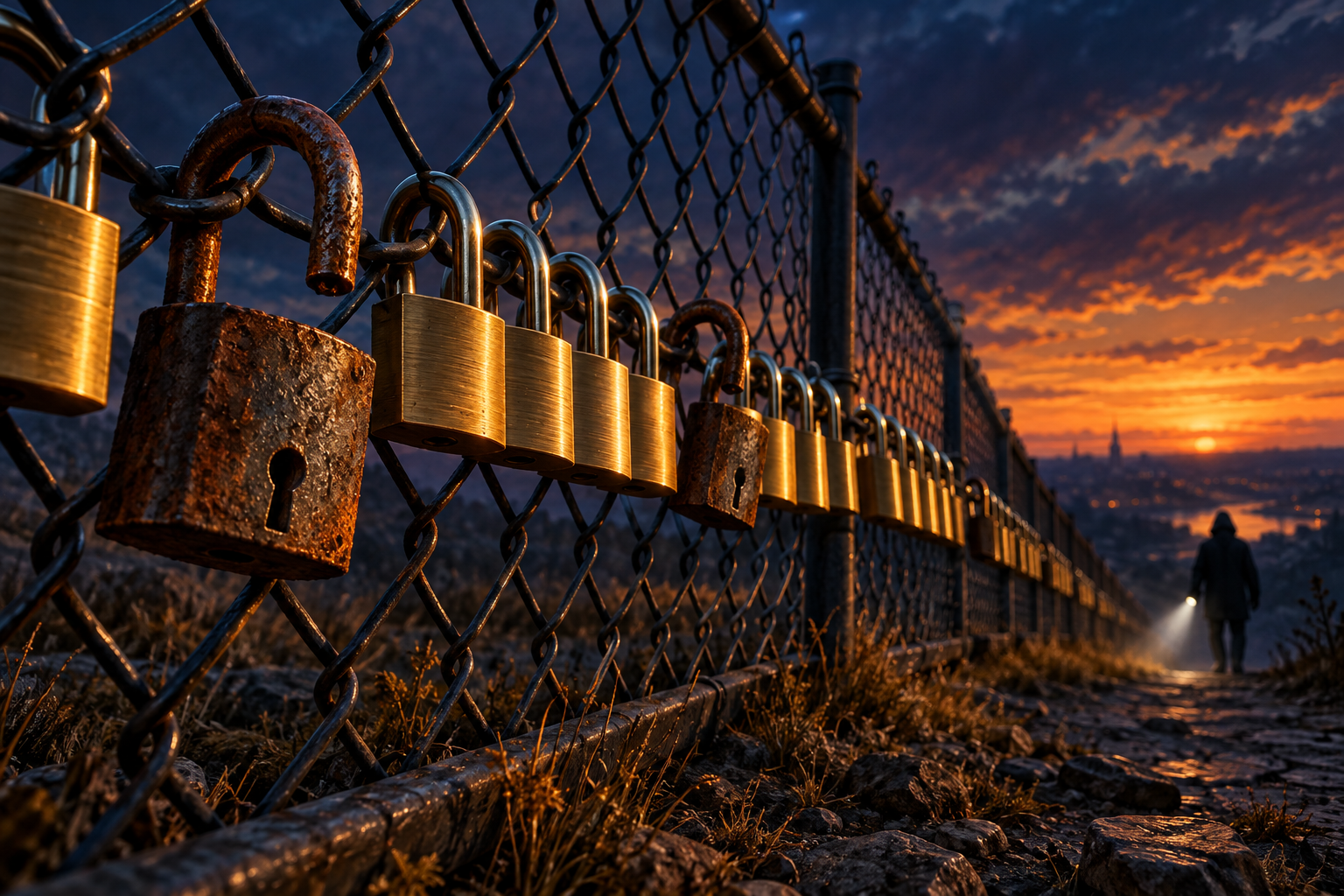 A fence lined with padlocks at dusk, some new and some rusted open, while a faceless figure with a flashlight stands in the distance.