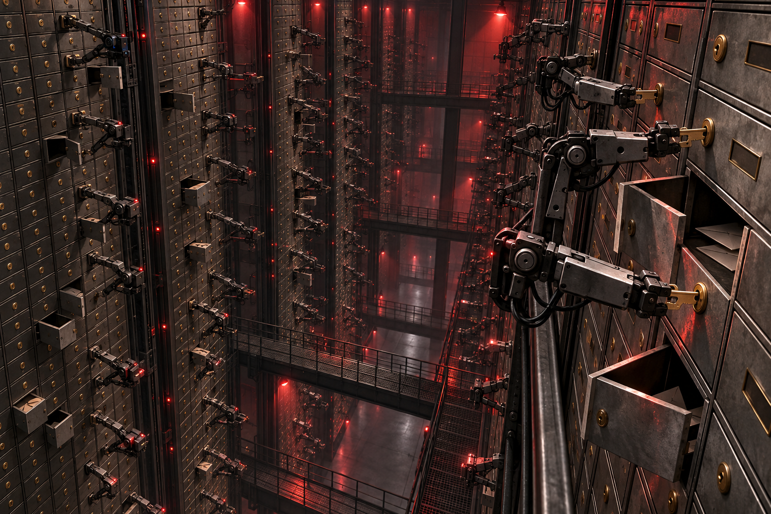 Rows of mechanical arms trying keys in hundreds of mailbox locks inside a dark warehouse lit in red.