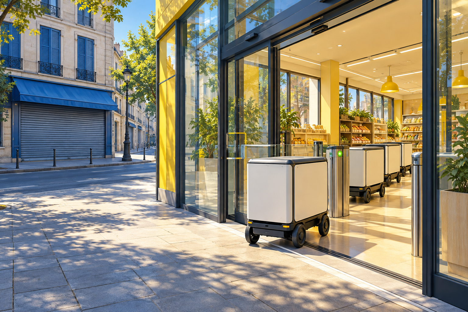 Small wheeled carts roll through an open store entrance while the shop across the street has its shutters down.