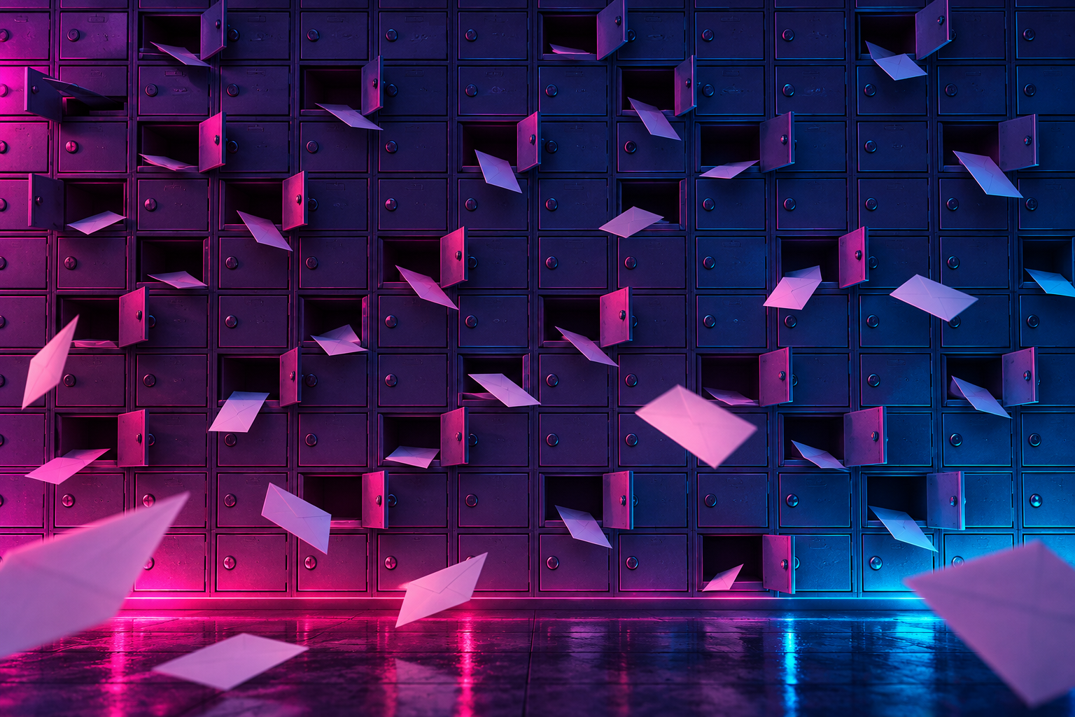 A wall of small mailbox doors with some hanging open and envelopes floating out under magenta and cyan neon light.