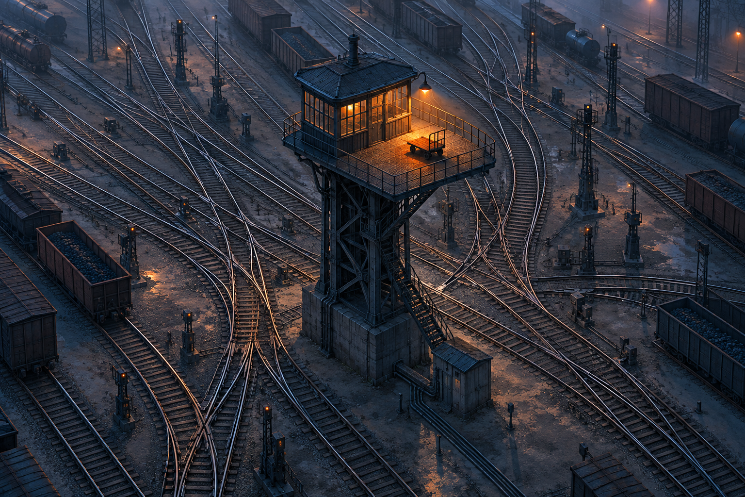 An overhead view of a dusk rail yard with tracks fanning out from one central signal tower where an intruding handcart sits.