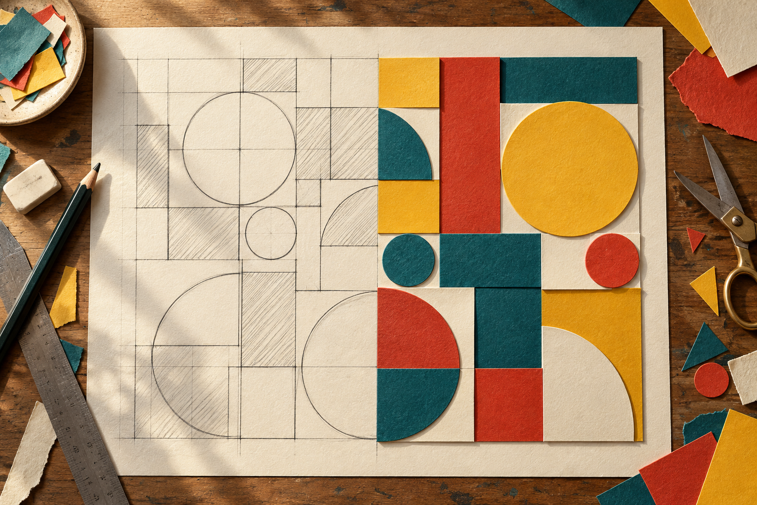 A top-down drafting table where a pencil layout grid becomes a colorful paper-cut composition.