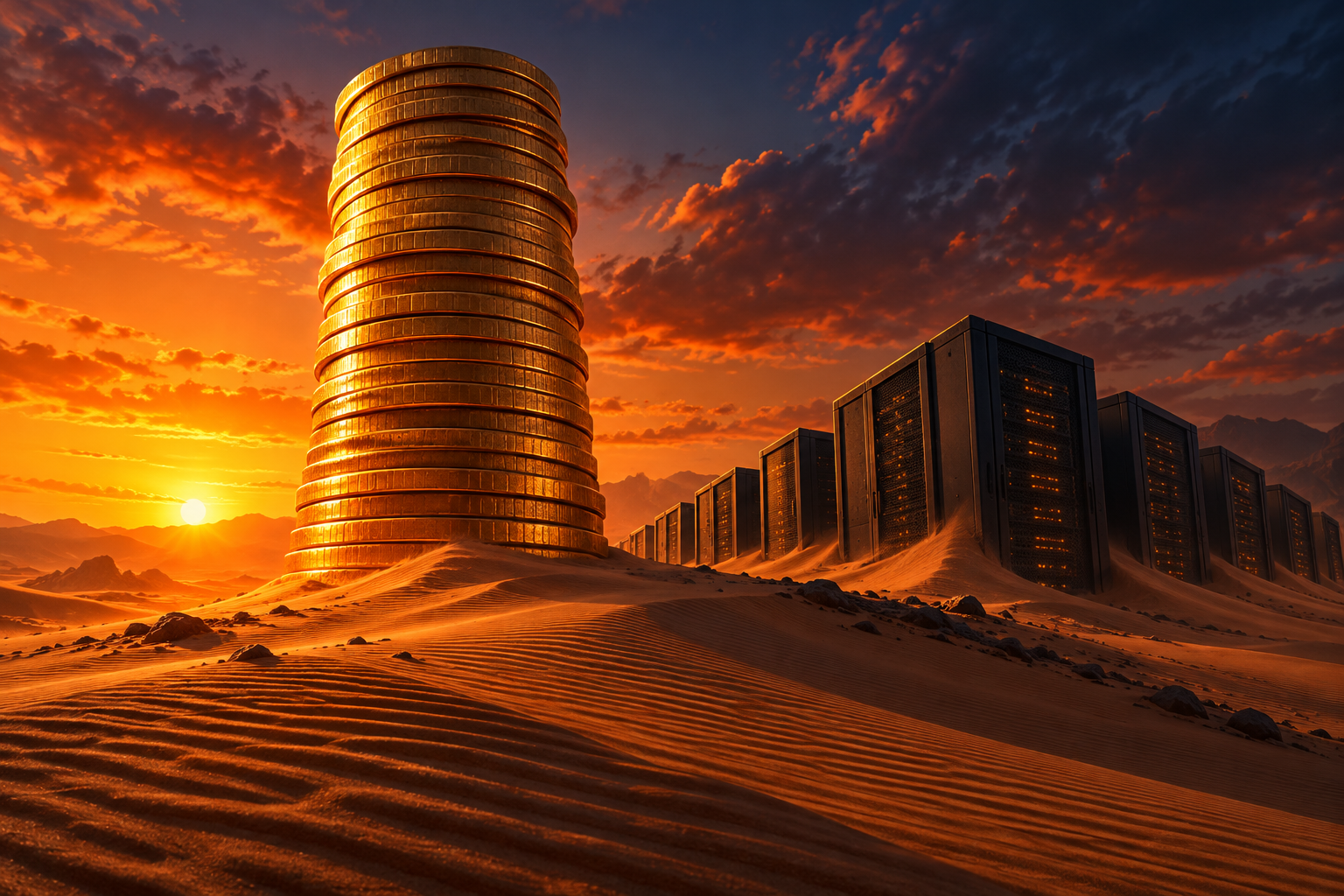 A tall stack of gold coins on a desert dune at sunset next to server cabinets half-buried in sand.