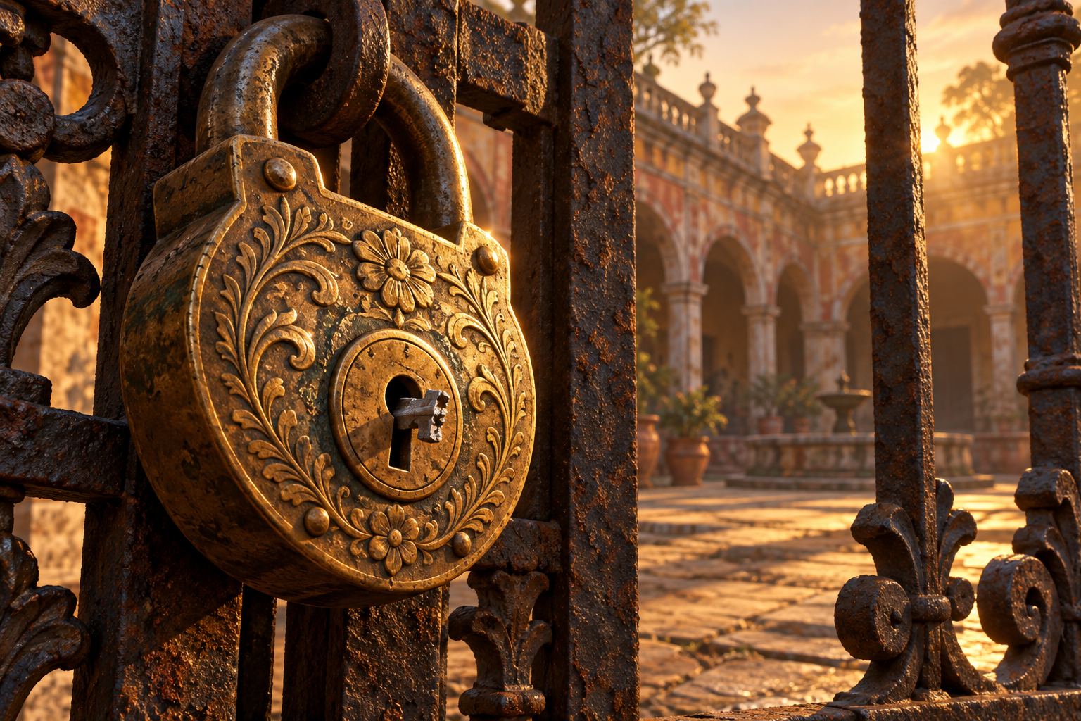 An ornate brass padlock on an iron gate with a tiny broken key stuck in it, lit by amber dawn light.