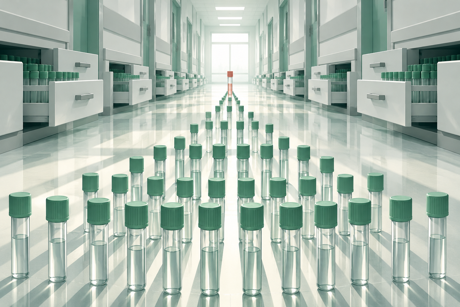 A long hospital corridor where a row of test tubes narrows to a single tube at the far end, in mint green and white.