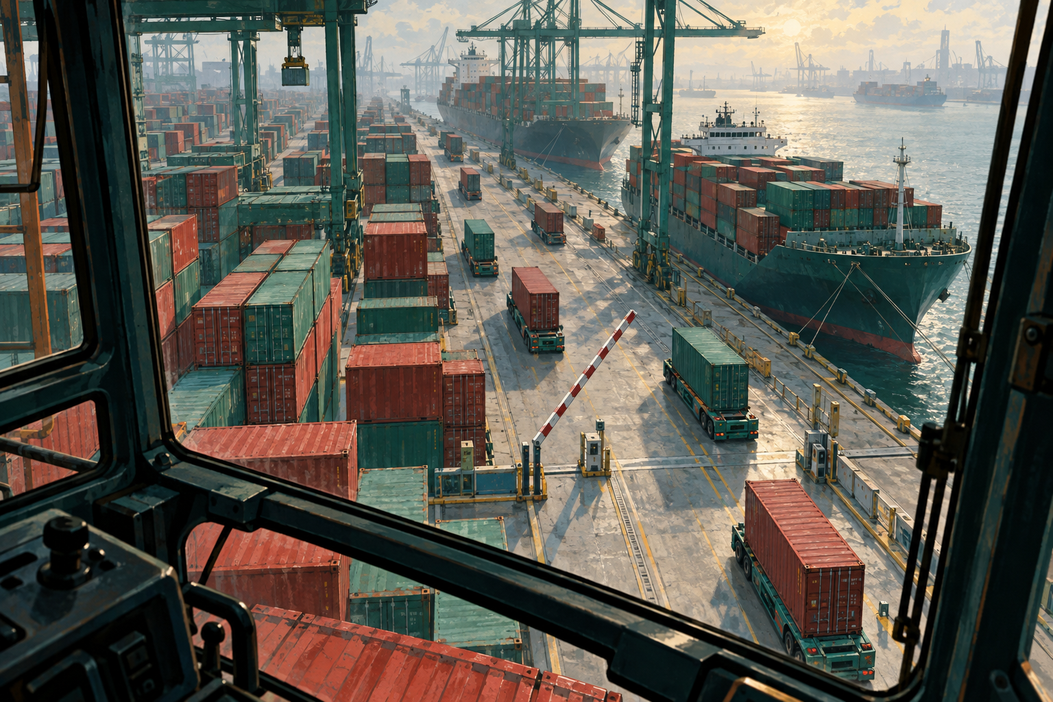 A container port seen from above, where shipping containers pass through an open customs barrier toward cargo ships.