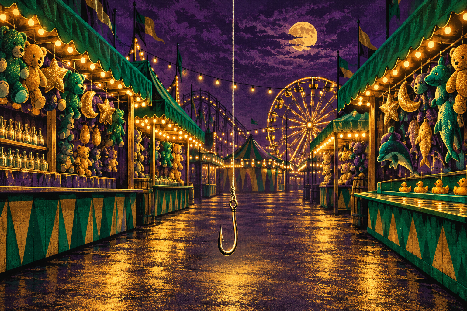 A night-time carnival midway with glittering prize booths and a fishing hook dangling down over the empty walkway.
