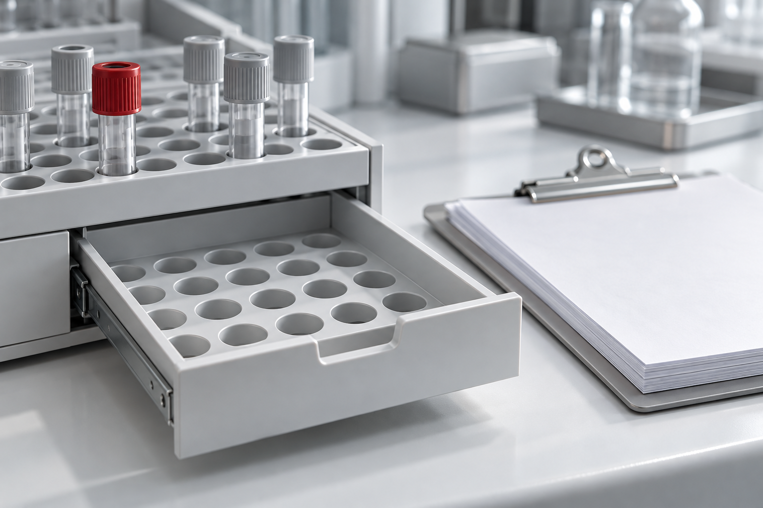 A lab specimen rack with one empty open drawer, a few capped test tubes, and a stack of blank paper forms.