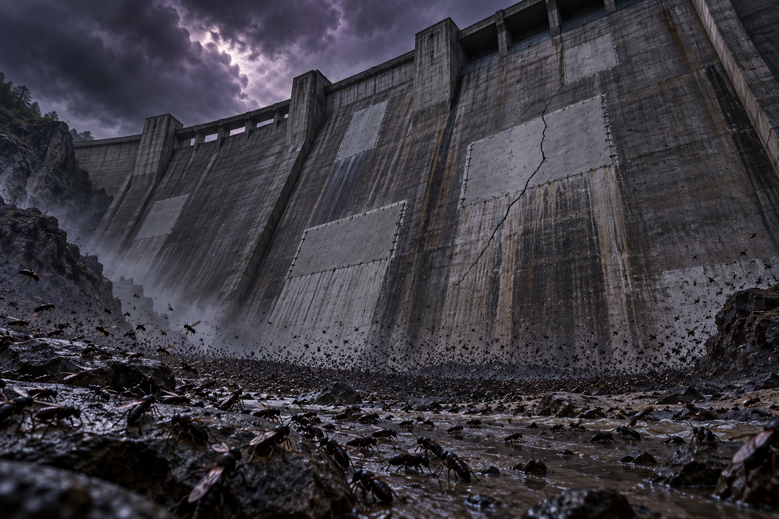A patched concrete dam shows a fresh hairline crack as a swarm of insects gathers at its base under a stormy sky.