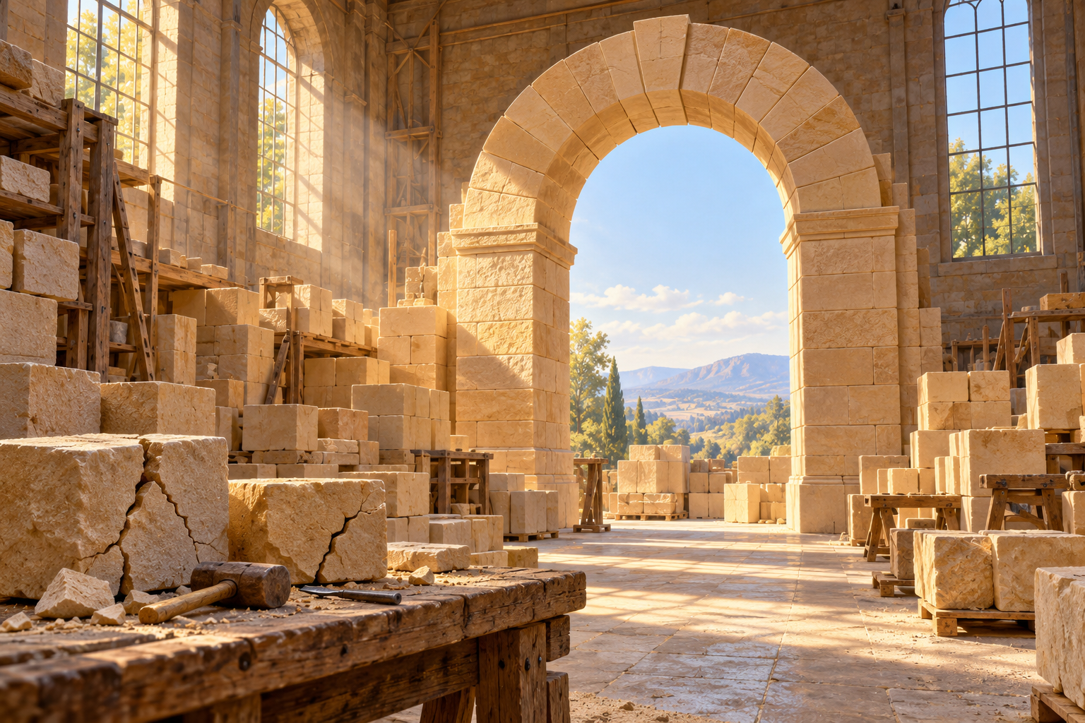 A tall arch of precisely fitted sandstone blocks in a sunlit workshop, with a few cracked blocks set aside on a bench.