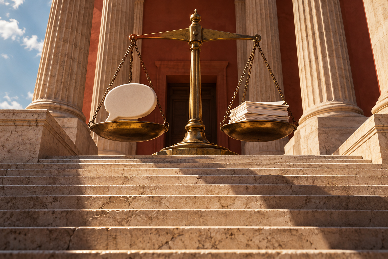 A brass balance scale on sunlit courthouse steps weighs a blank ceramic speech bubble against a stack of folded papers.