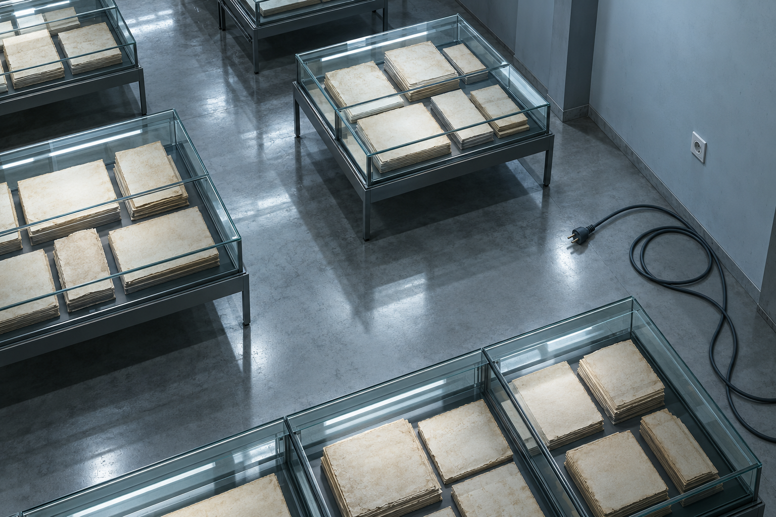 Seen from above, an archive room of glass cases full of old pages, with an unplugged cable coiled on the floor beside an empty socket.