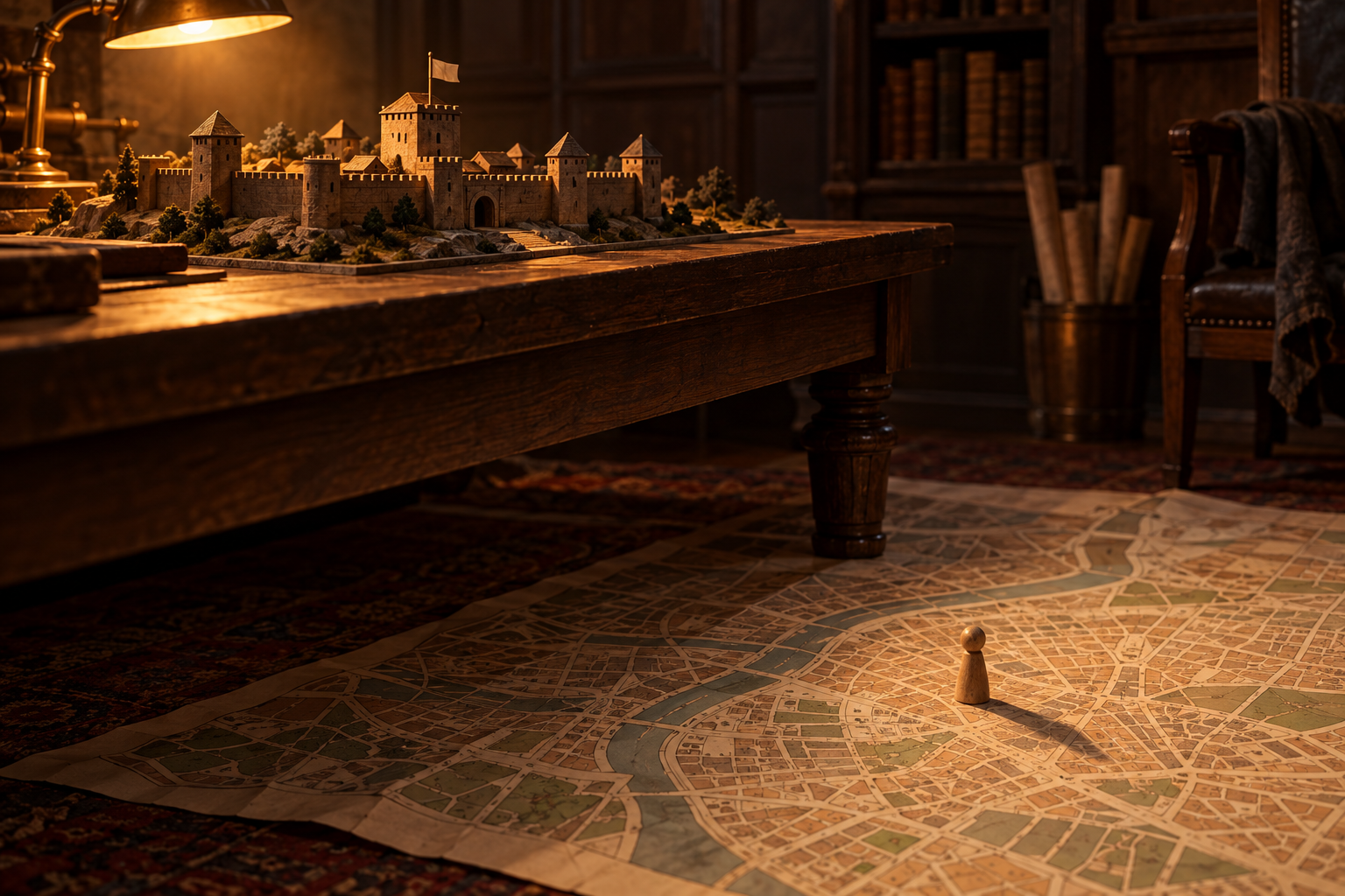 A small wooden game piece steps off a tabletop model fortress onto a large city map spread across the floor.