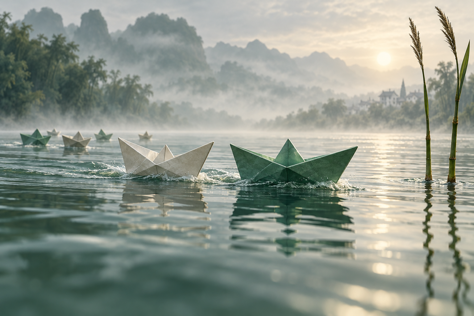 Paper boats race on a misty green river, with one boat nearly level with the leader.