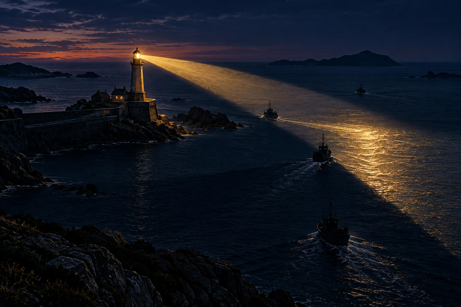 A lighthouse beam sweeps a dark harbor while small boats slip through the unlit gaps between its passes.