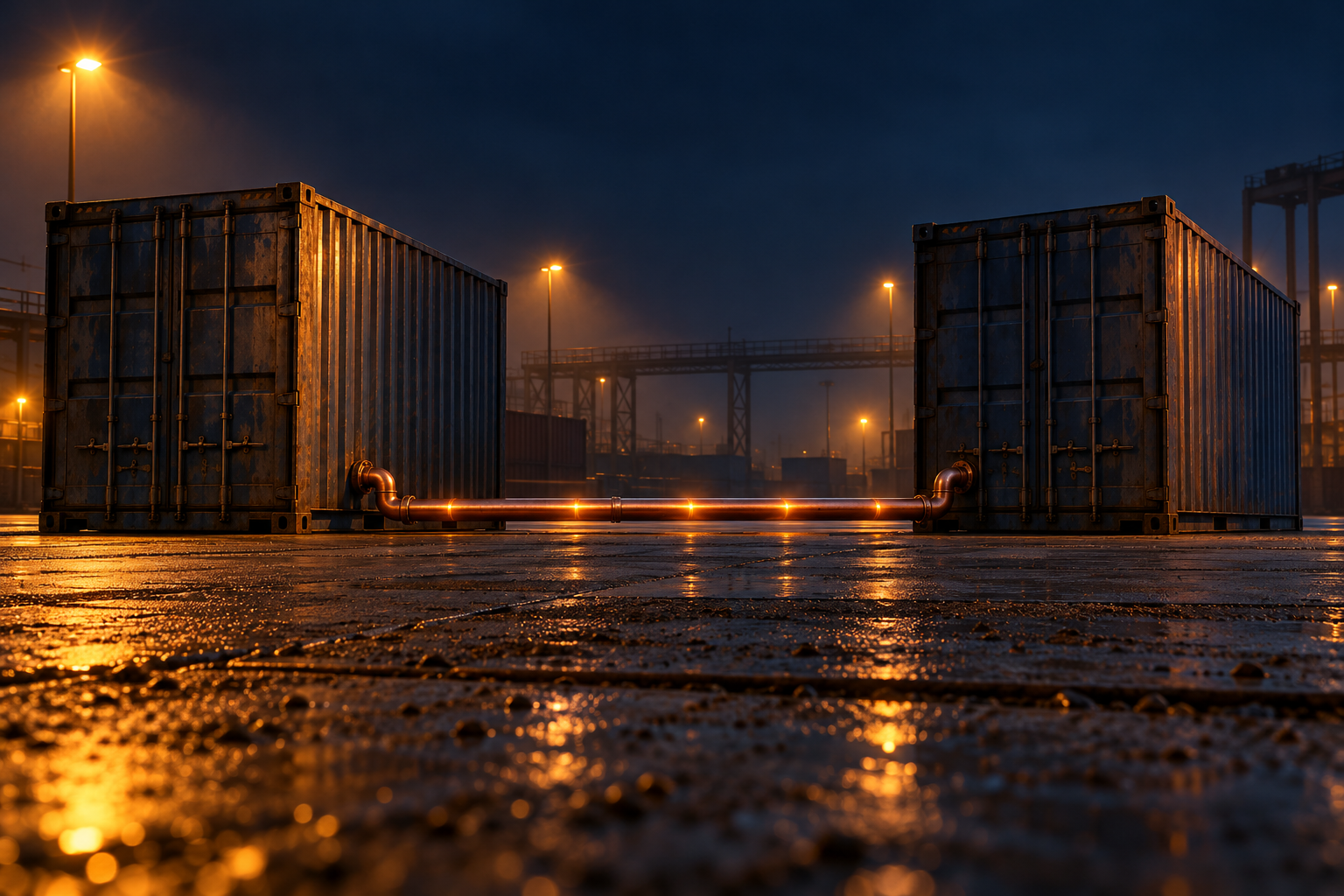 Two sealed shipping containers at night joined by a copper pipe carrying faint pulses of amber light.