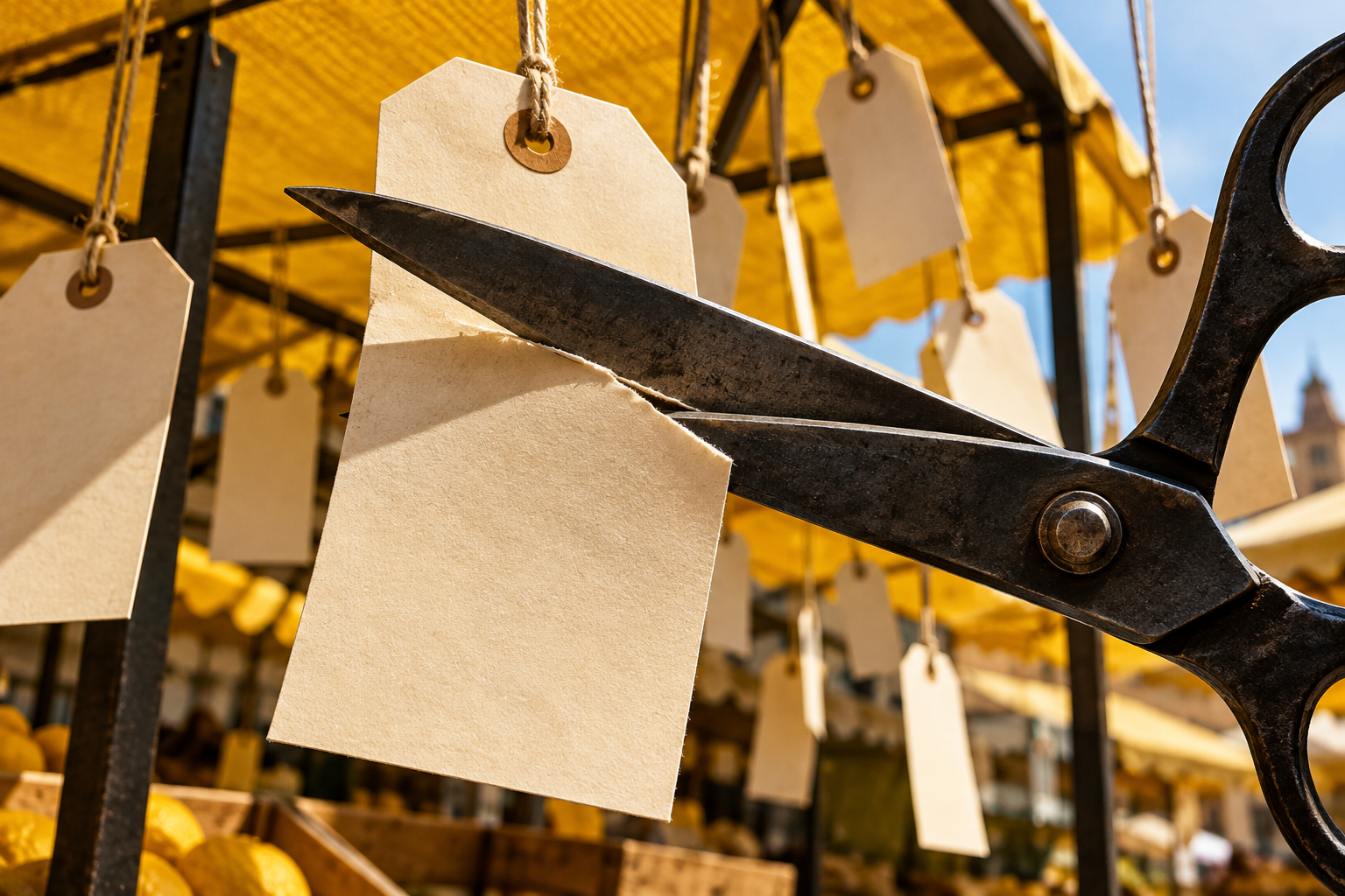 Large scissors cutting a blank price tag at a sunlit market stall.