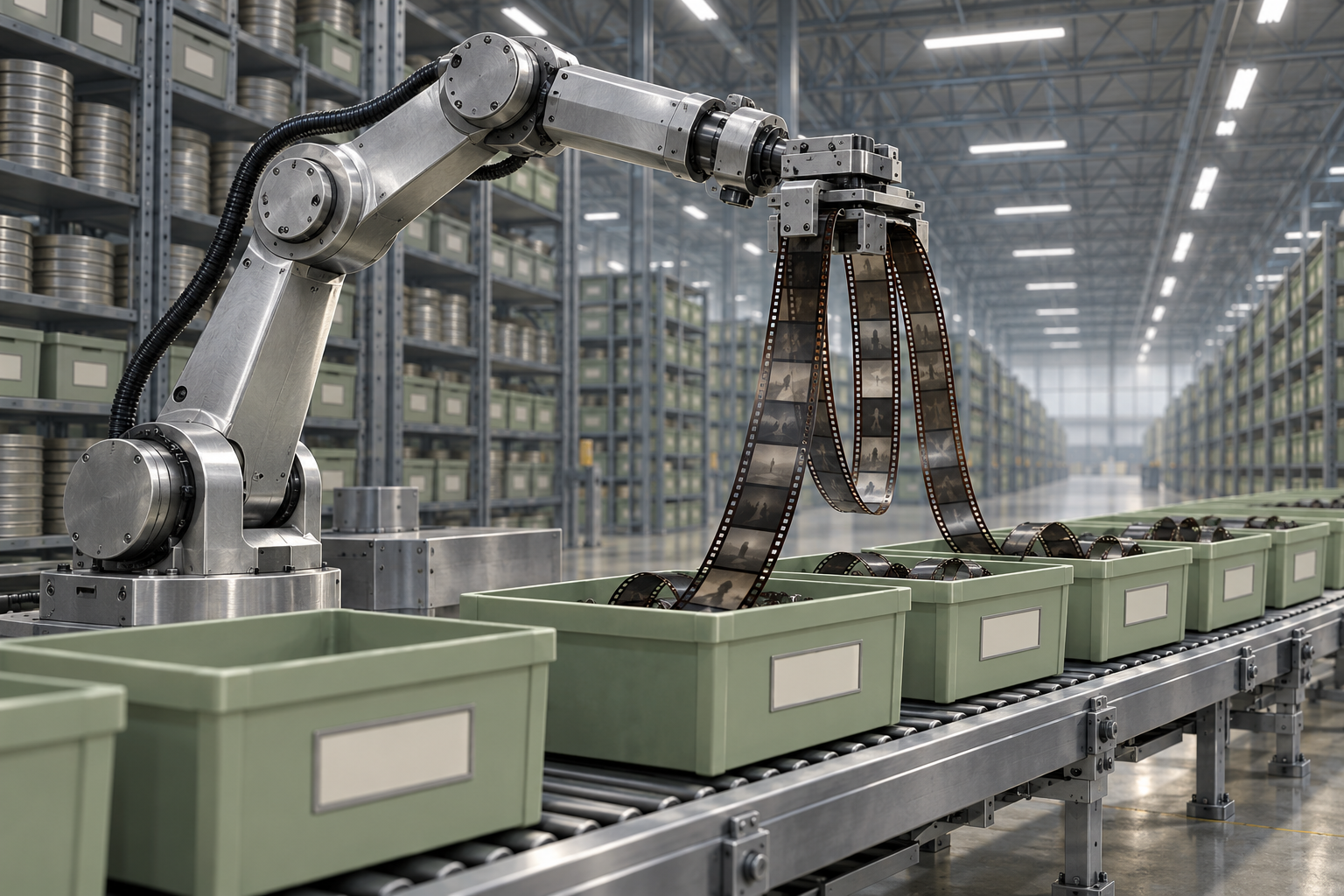 A robot arm in a warehouse sorting strips of film into bins along a conveyor.