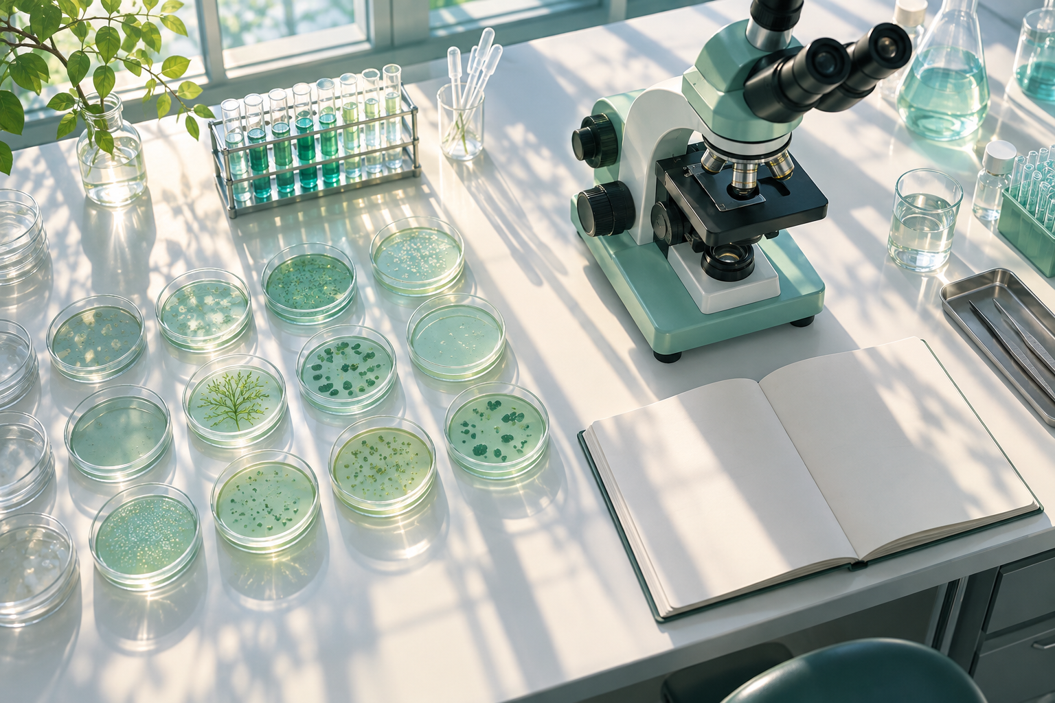 A laboratory bench seen from above, with petri dishes and a green microscope in soft morning light.