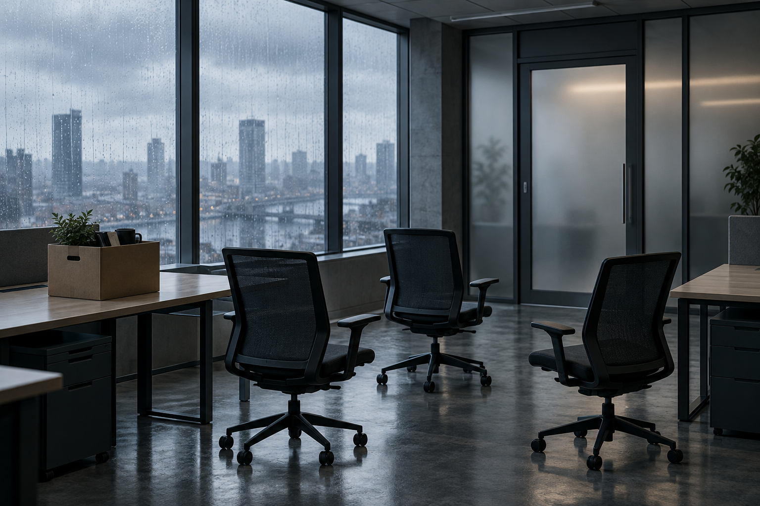 Three empty office chairs facing a closed glass door in a grey, quiet office, with a cardboard box on a desk.