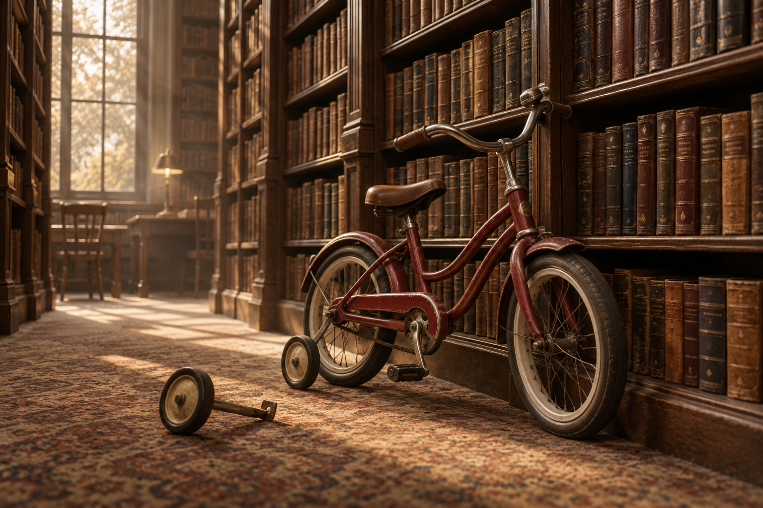 A bicycle with training wheels leaning against bookshelves in a library, with one wheel lying on the floor.