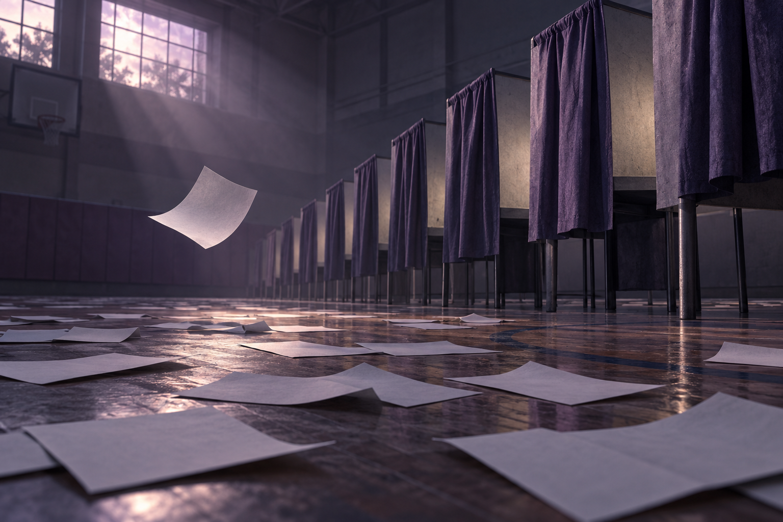 Empty polling booths at dusk with blank ballots scattered on the floor.