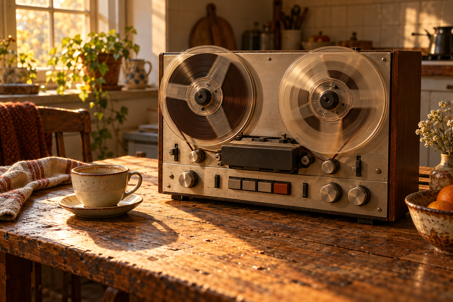 A reel-to-reel tape recorder on a kitchen table in warm afternoon light.