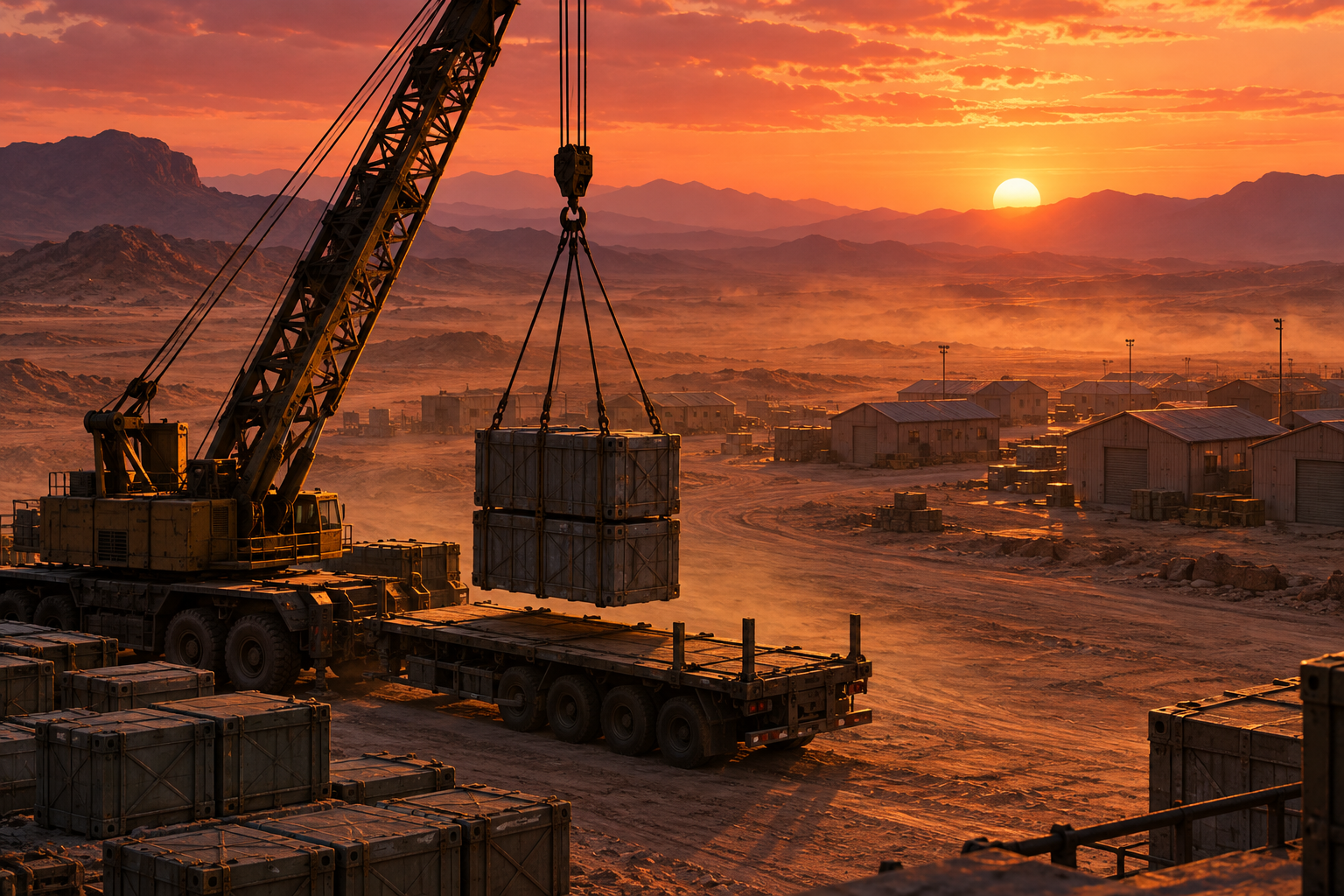 At dusk, a crane lowers metal crates onto a launch pad while small shuttered sheds stand in the distance.